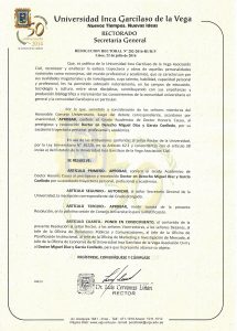Resolución de 22-7-2016 del Rector de la Univ. Inca Garcilaso de la Vega de Lima, Perú, mediante el que se aprueba la concesión del Doctorado honoris causa al Prof. Dr. Dr. h.c. mult. Miguel Díaz y García Conlledo