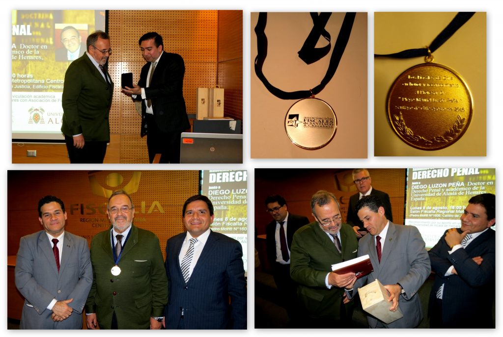 Imágenes de la entrega por el Prof. Vïctor Manuel Vidal al Prof. Dr. Dr. h.c. mult. Luzón de la medalla de la Asociación de Fiscales de Chile “en honor y reconocimiento”, así como de varios obsequios por el Prof. Ernesto Vásquez, Presidente de la Asociación.