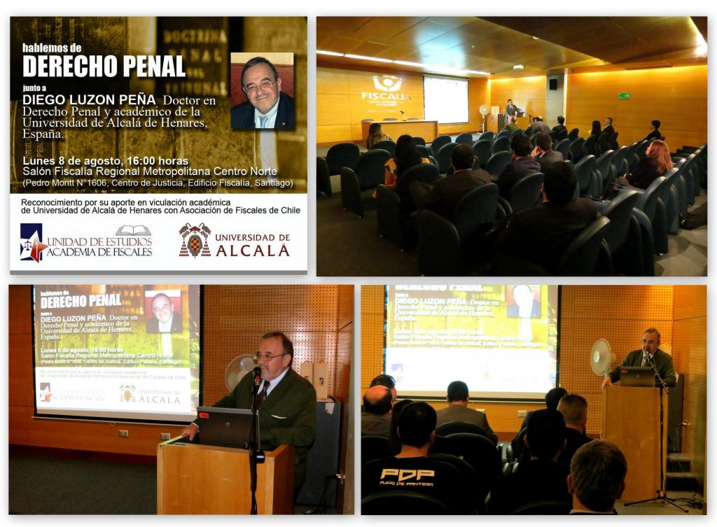 Cartel del evento e imágenes de la presentación del Prof. Dr. Dr. h.c. mult. Luzón Peña por el Prof. Ernesto Vásquez Barriga, Presidente de la Asociación, y de la propia ponencia.